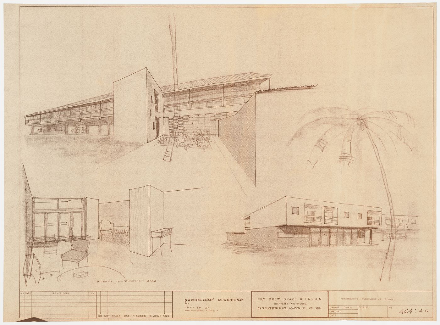 Perspective sketches for Bachelors' Quarters for Shell BP Co., Umukoroshe, Nigeria