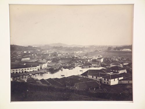 View of Singapore from Government Hill, showing docks and godowns, with Tan Tock Seng Hospital in the right background