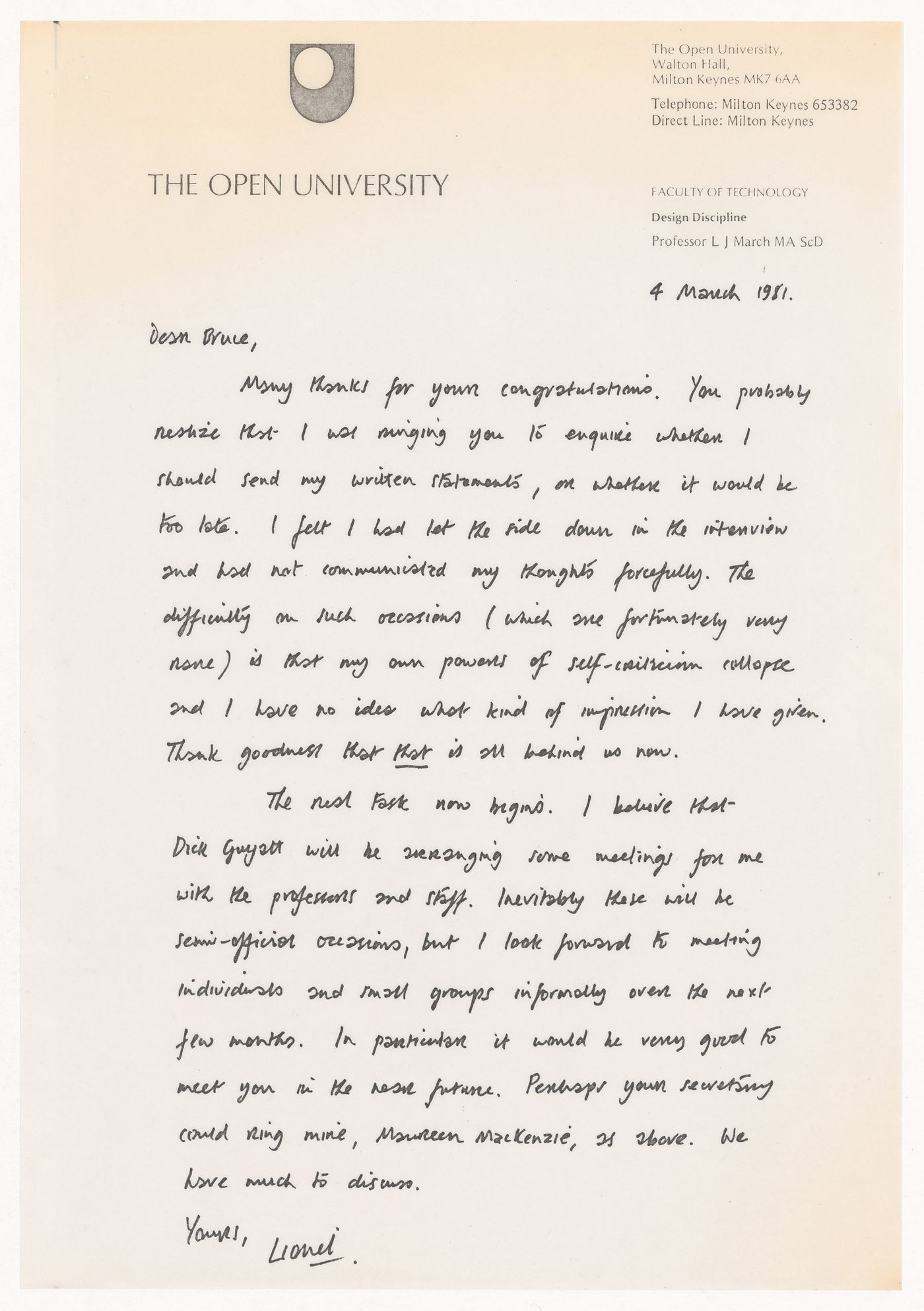 Response letter of Lionel March to Bruce Archer's letter of congratulations for his appointment as rector of the Royal College of Art in London