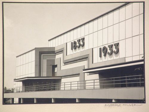 View of entrances to the Hall of Science showing the dates "1833" and "1933" on the façade, 1933-1934 Chicago Century of Progress Exhibition, Burnham Park (now Meigs Field), Chicago, Illinois