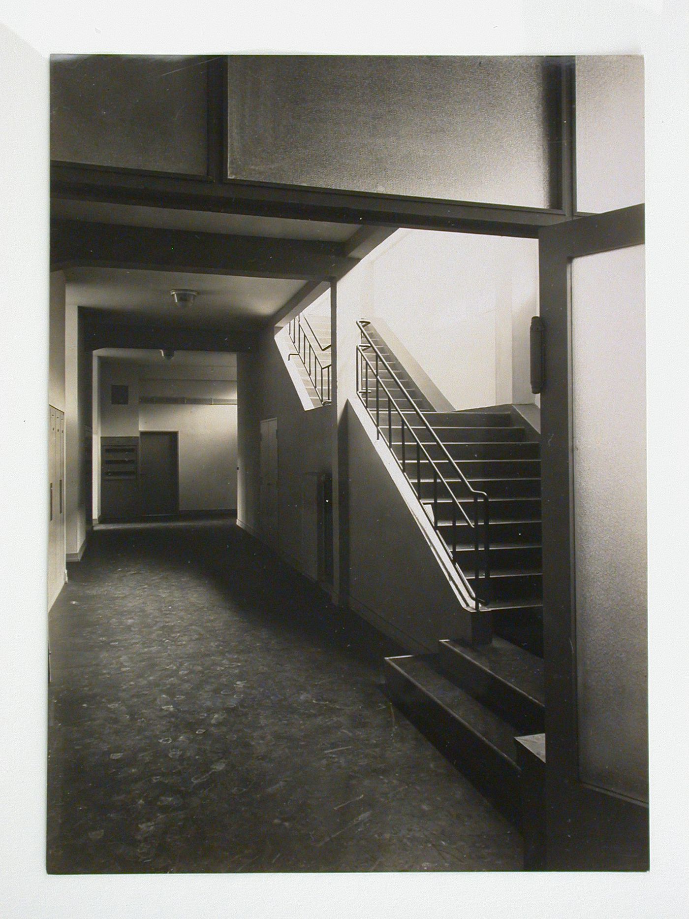 Interior view of the inspections agency for electrical works, showing hall and stairs leading up to the main offices,  Frankfurt am Main, Germany