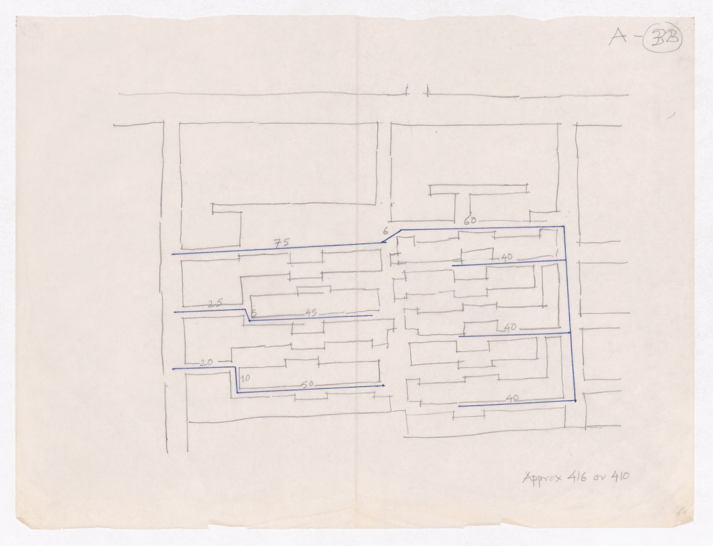Sketch showing plots layout development for Minimum Cost Housing Group's plot in Aranya township, India, for Aranya Housing Project