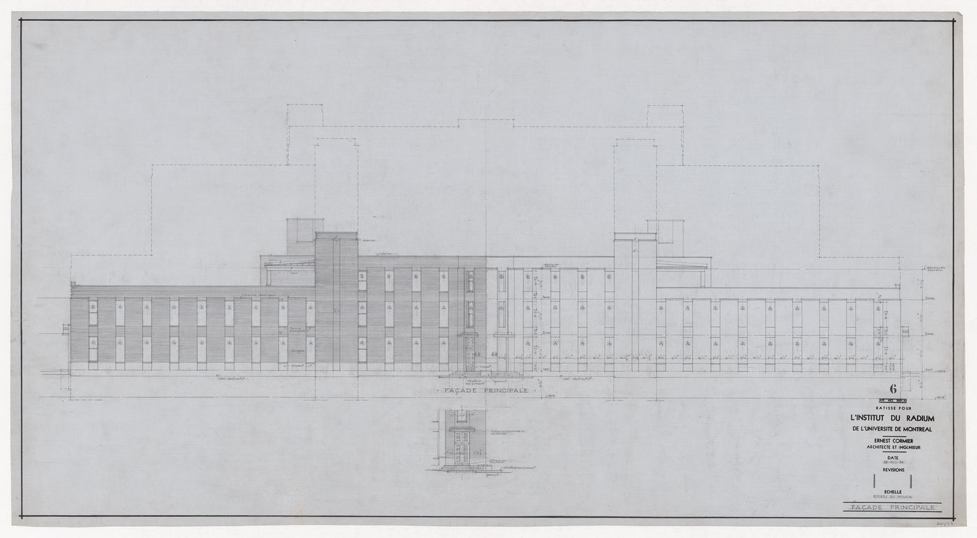 Élevation de la façade principale pour Institut de Radium, Université de Montréal