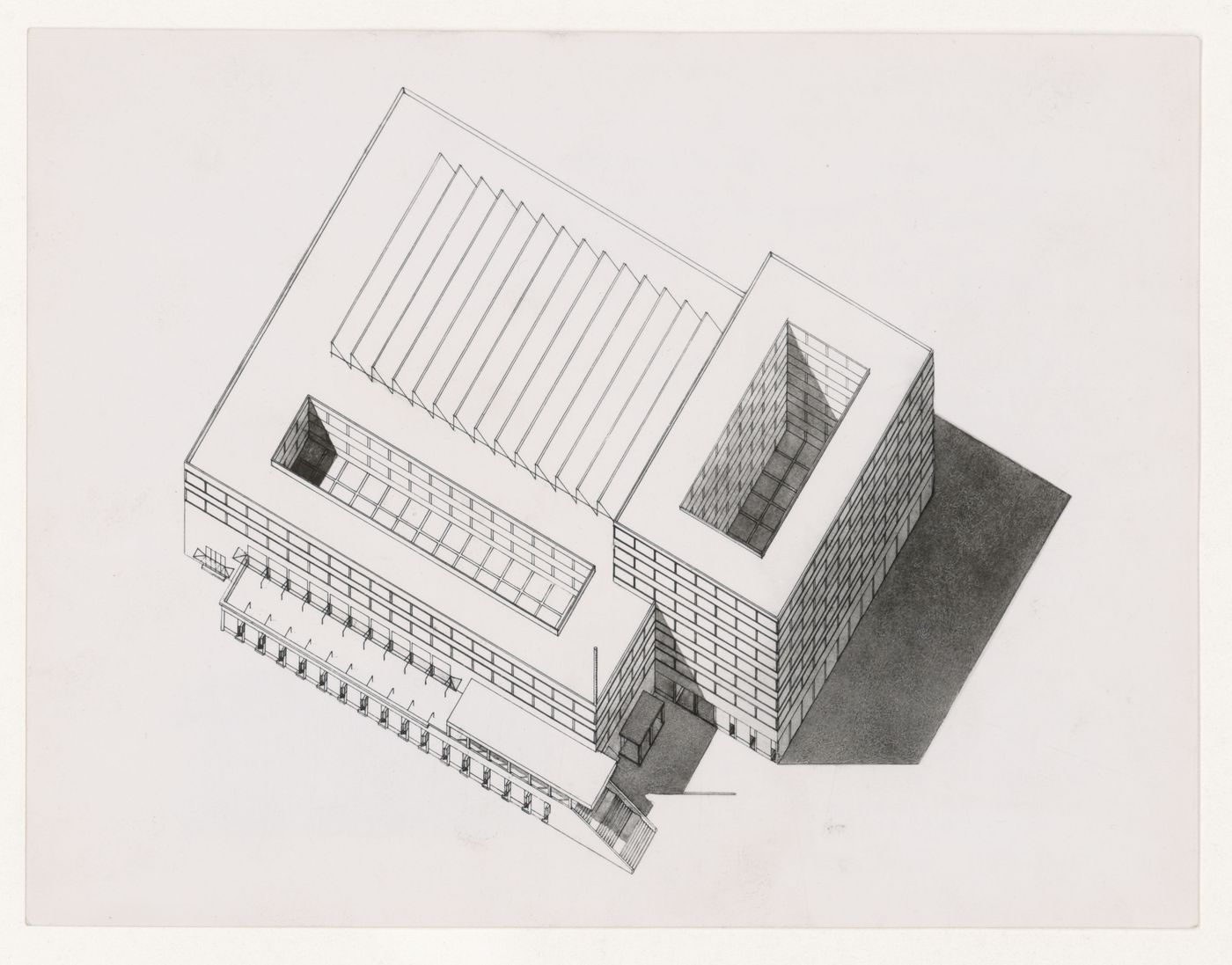 Photograph of a bird's-eye axonometric drawing for the New Stock Exchange Building, Rotterdam, Netherlands