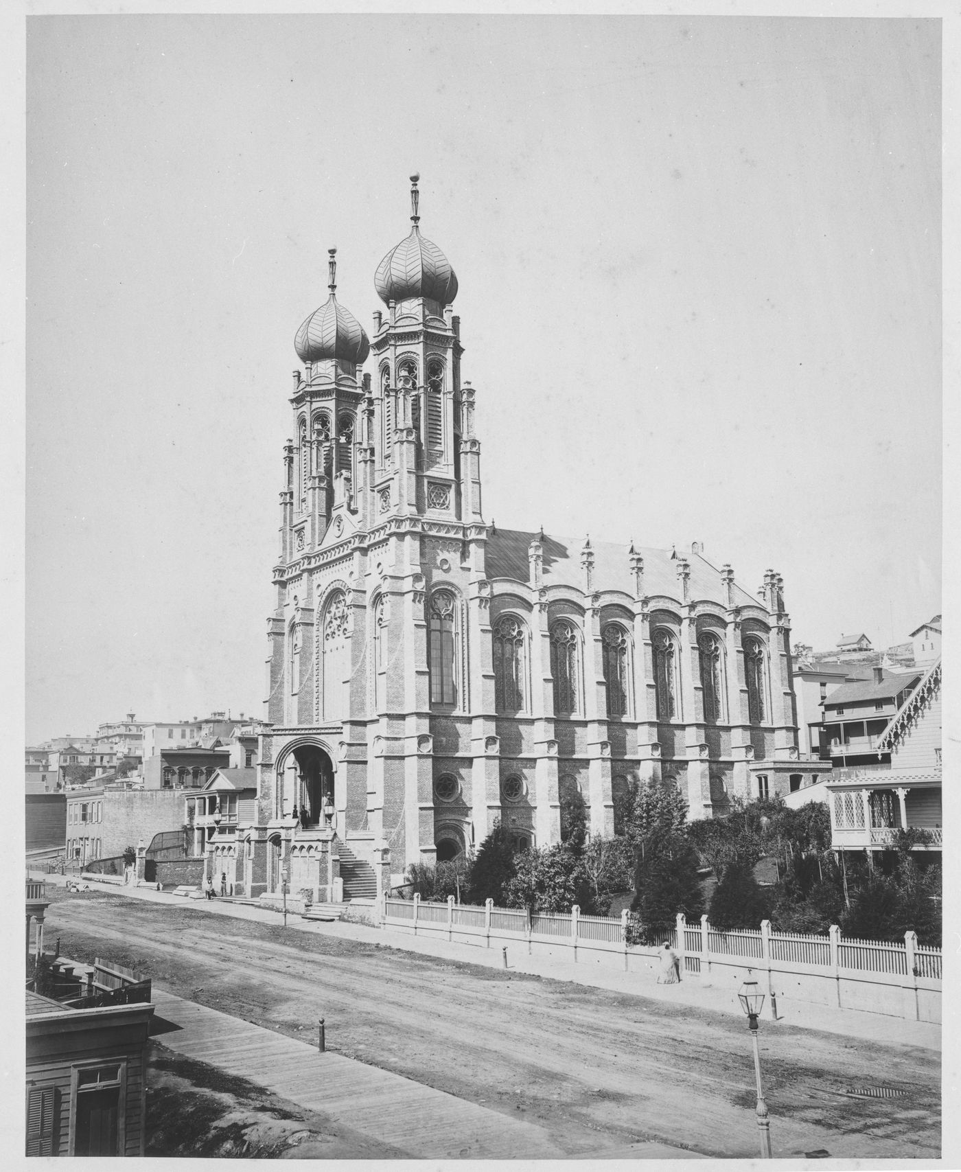 View of Temple Emanu-El and other buildings showing Sutter Street, San Francisco, California