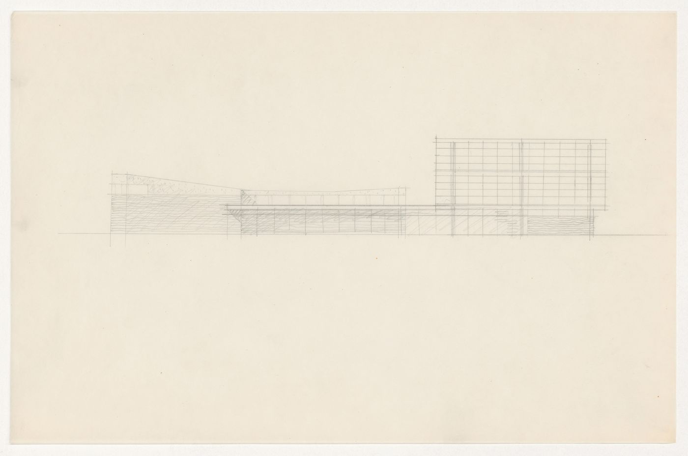 Sketch elevation for an auditorium and connected structure for Illinois Institute of Technology