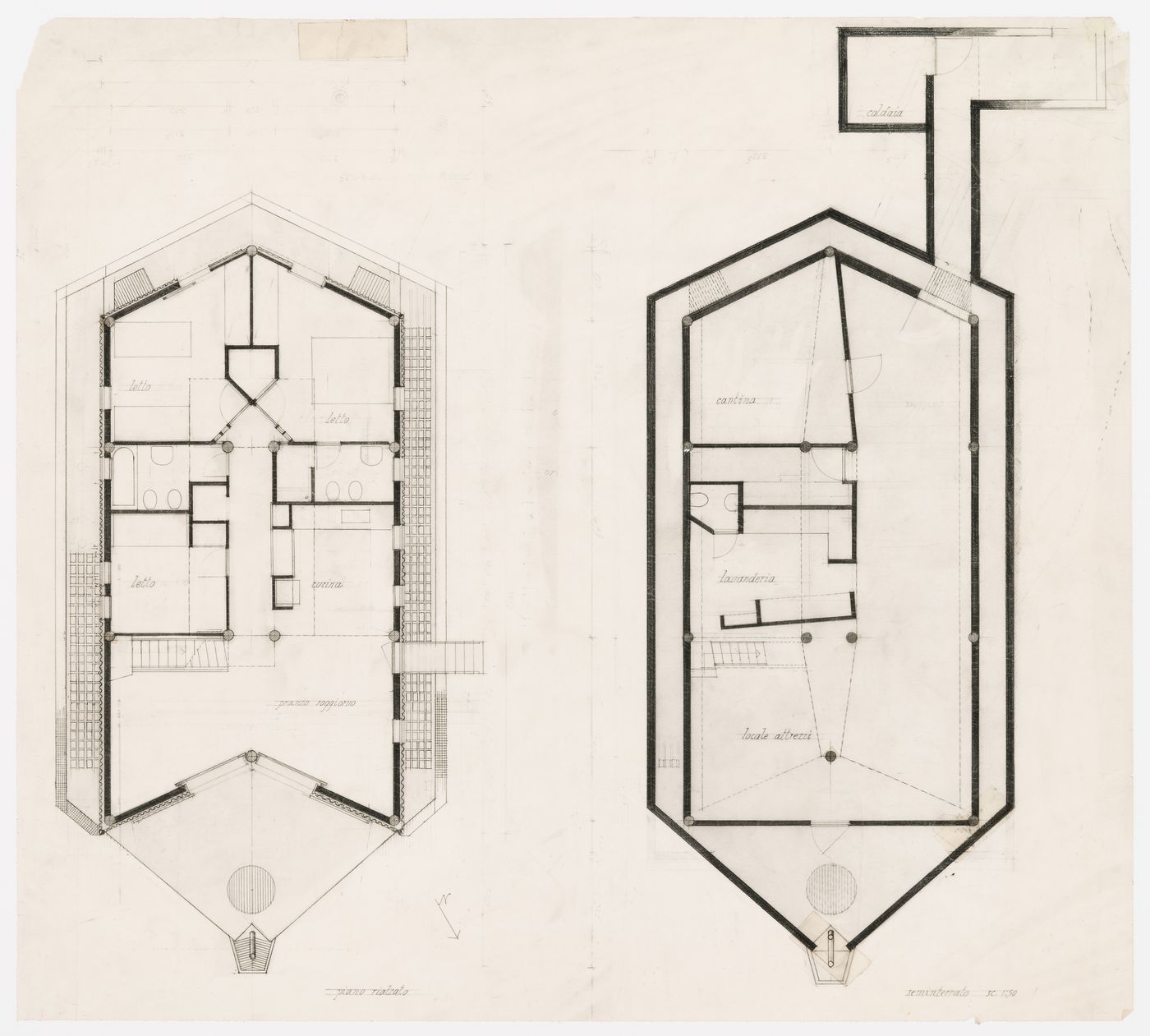 Plans of the ground floor and the basement for Casa Ferrario, Osmate, Italy