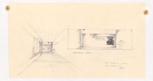 Perspective and elevation for the exhibition design for "Frank Lloyd Wright Designs for an American Landscape 1922-1932" at the Whitney Museum