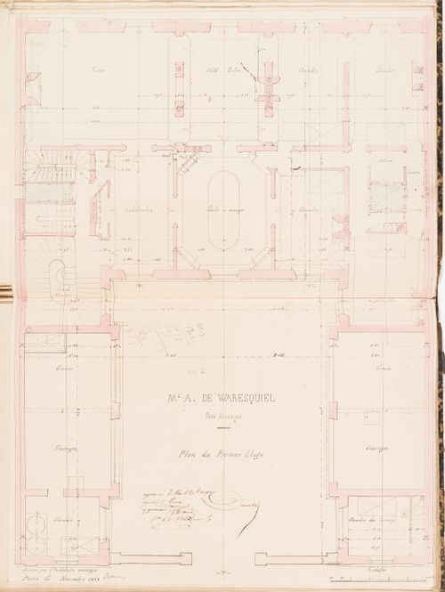 Contract drawing for a house for Monsieur A. Waresquiel, rue Beaujon, Paris: First floor plan
