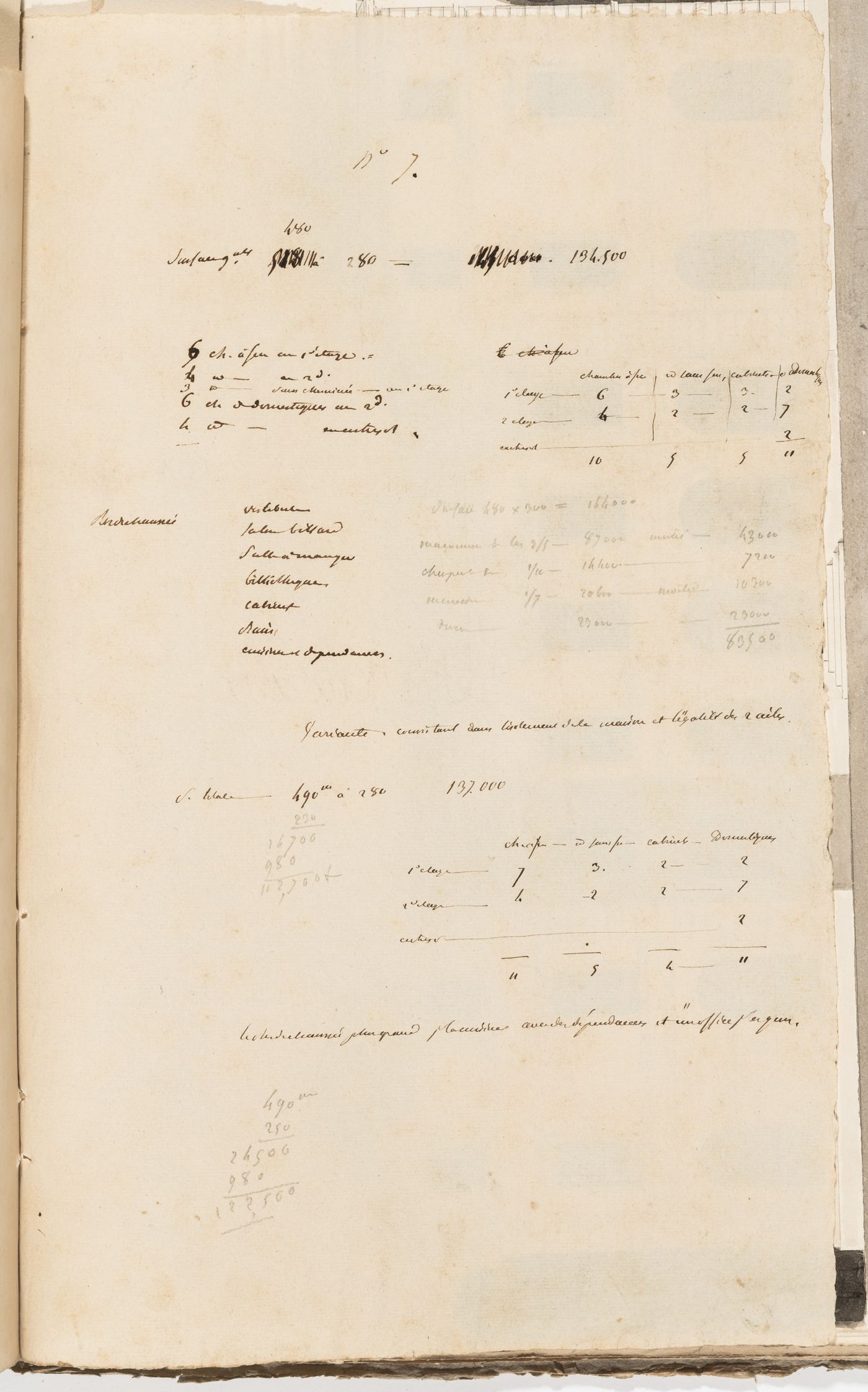 Project no. 7 for a country house for comte Treilhard: Notes and calculations