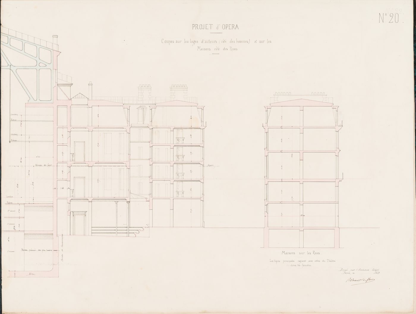 Project for an opera house for the Théâtre impérial de l'opéra: Cross section through the actors' dressing rooms and a house located on an adjacent street