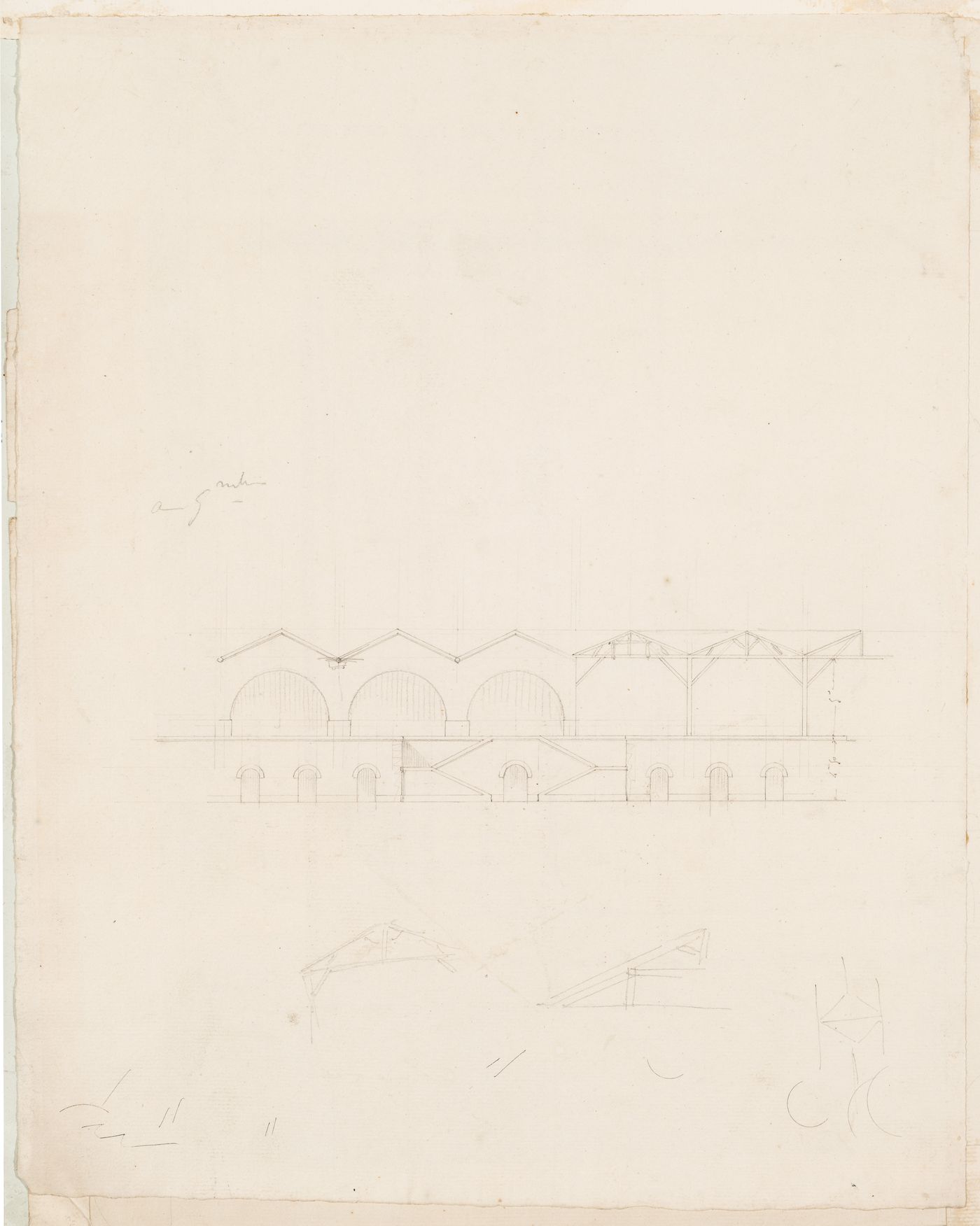 Partial sectional elevation for a building, probably a warehouse, for an "entrepôt de vins", including sketches for the roof trusses; verso: Partial plan for a building, probably a warehouse for an "entrepôt de vins"