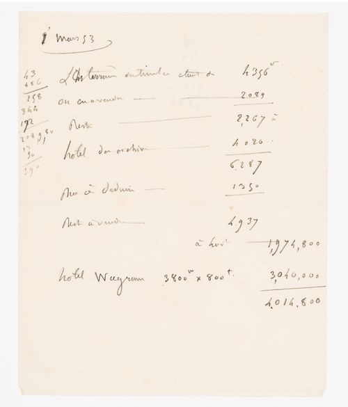 Cost estimates for a project for an opera house for the Théâtre Royal Italien on the Ministère des Affaires Étrangères and the Hôtel du Timbre site