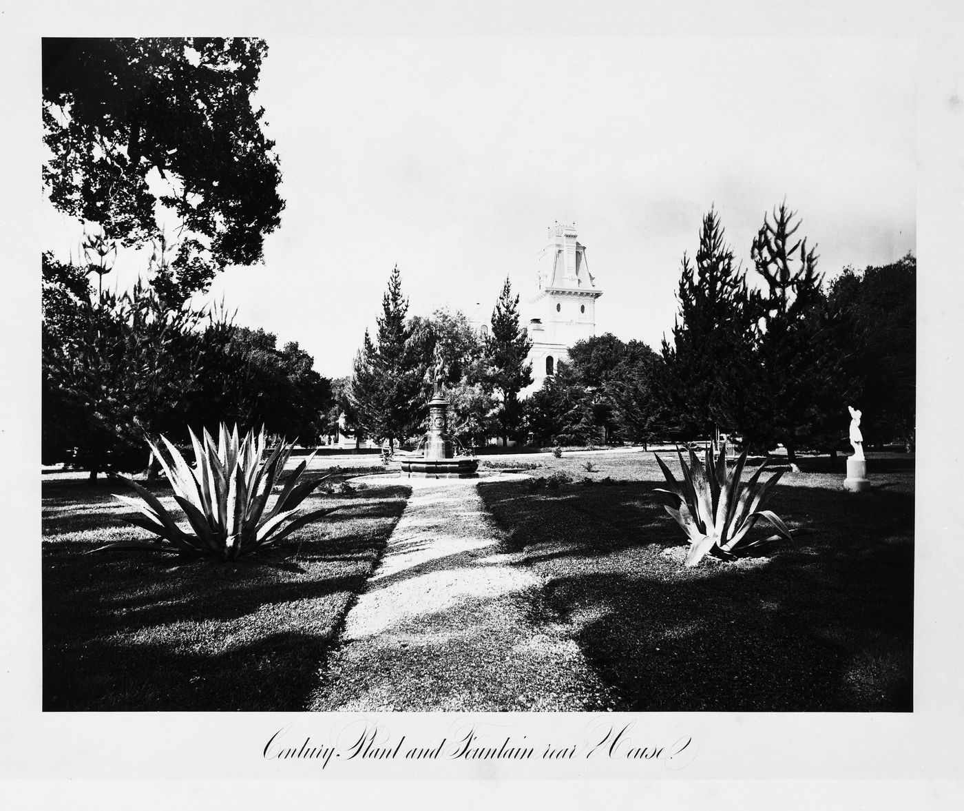 View of the grounds, fountain, statuary, Thurlow Lodge, Menlo Park, California