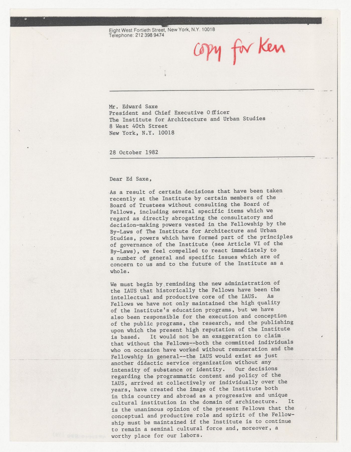 Letter from Kenneth Frampton to Edward L. Saxe about the role of IAUS Fellows