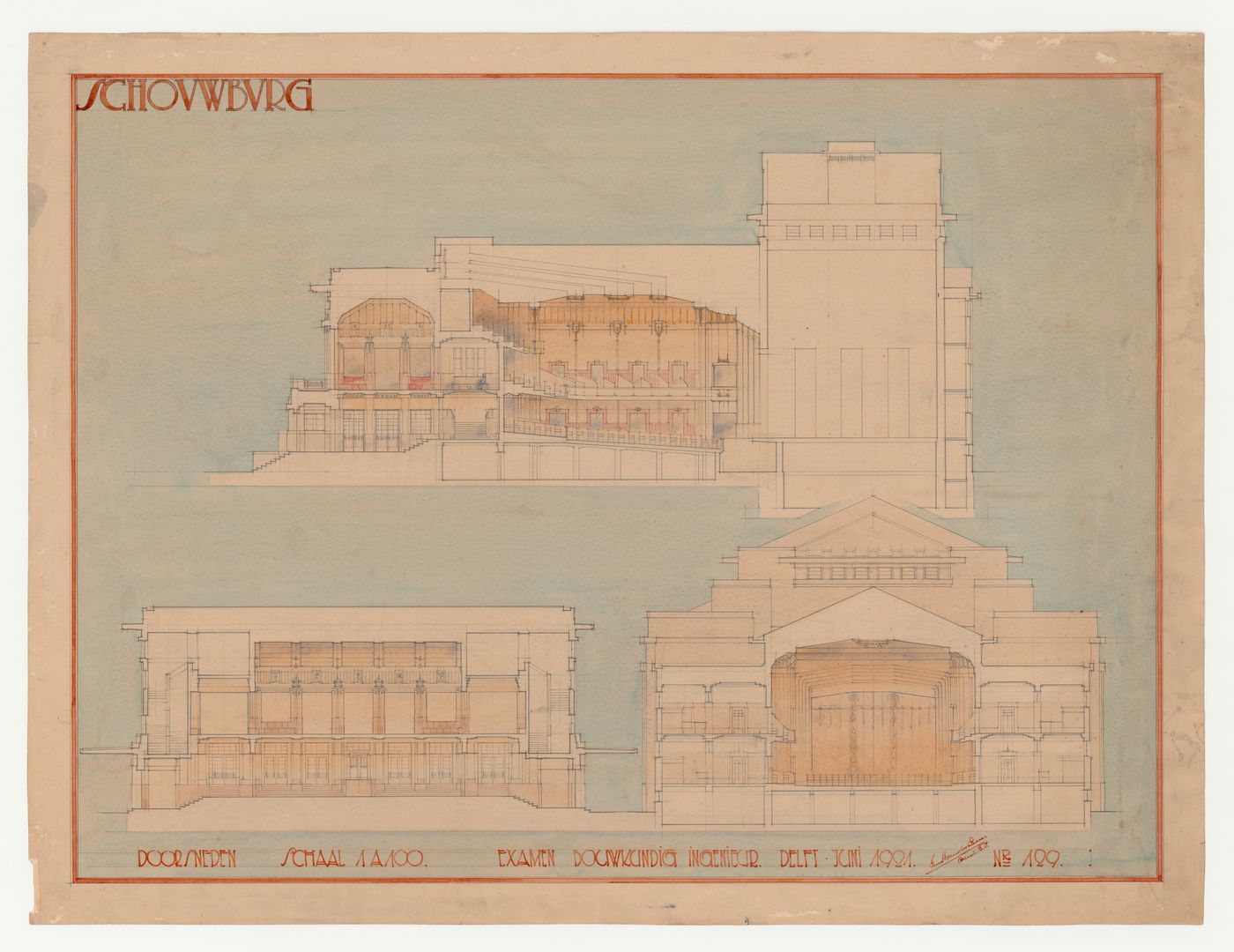 Student presentation drawing showing sections for a theatre, Technische Hogeschool Delft, Netherlands