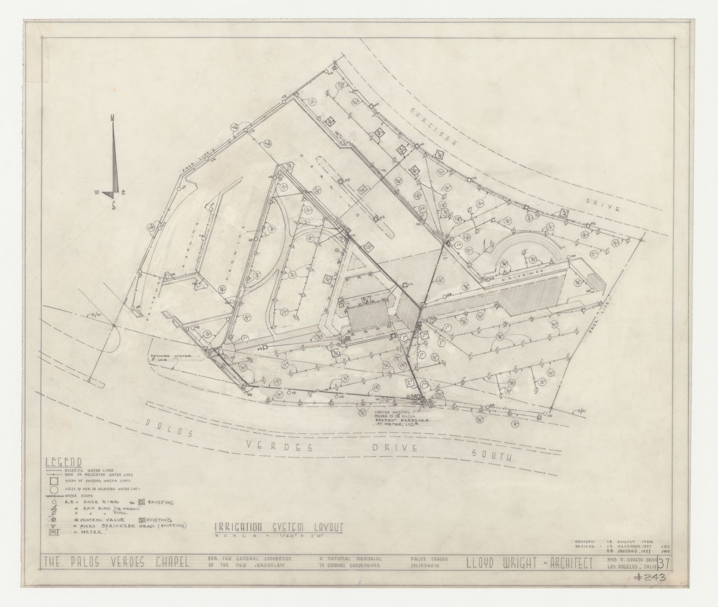Wayfarers' Chapel, Palos Verdes, California: Site plan for the irrigation system