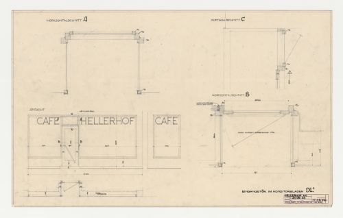 Elevation and sections for an entrance to a type DL2 café, Hellerhof Housing Estate, Frankfurt am Main, Germany