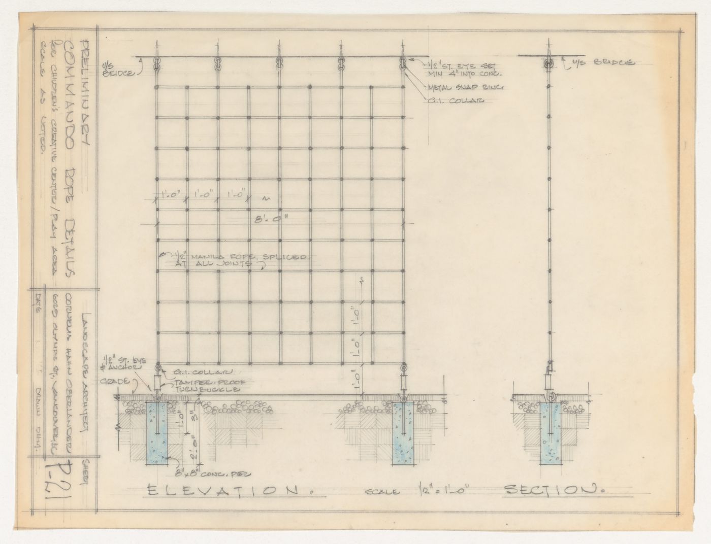 Preliminary elevation and section for commando rope for Children's Creative Centre Playground, Canadian Federal Pavilion, Expo '67, Montréal, Québec