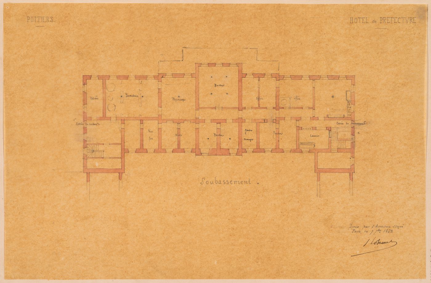 Project for a Hôtel de préfecture, Poitiers: Plan for the "soubassement" for the Hôtel du Préfet