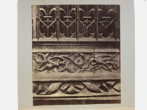 Amiens Cathedral choir close-up of detailed wooden carving above choir stalls, Amiens, France