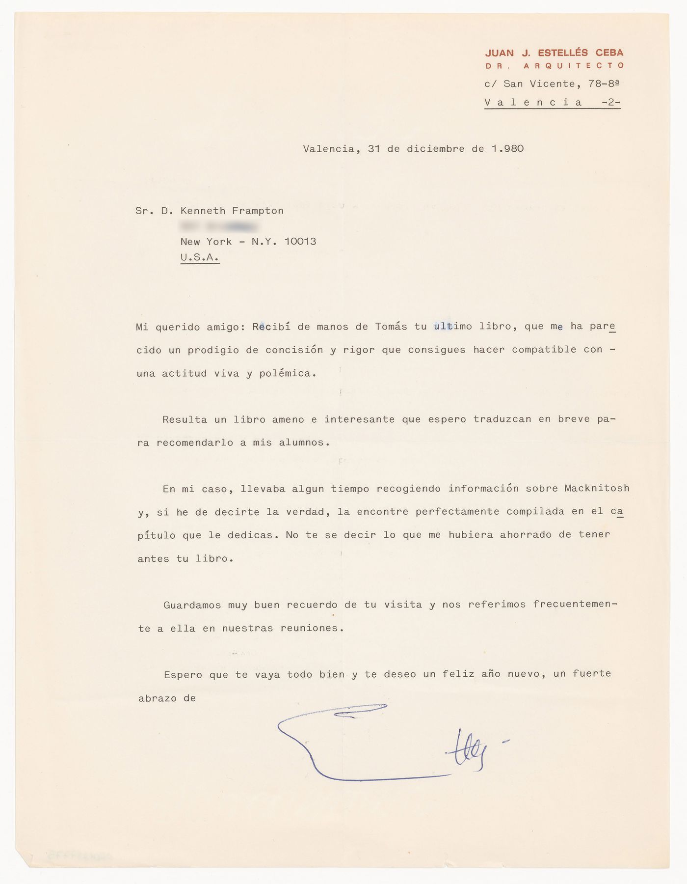 Letter from Juan J. Estellés Ceba to Kenneth Frampton