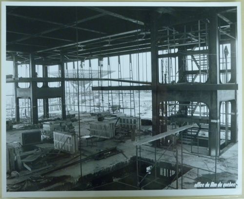 View of the Province of Quebec Pavilion at its construction stage with the Katimavik of the Canada's Pavilion as background, Expo 67, Montréal, Québec
