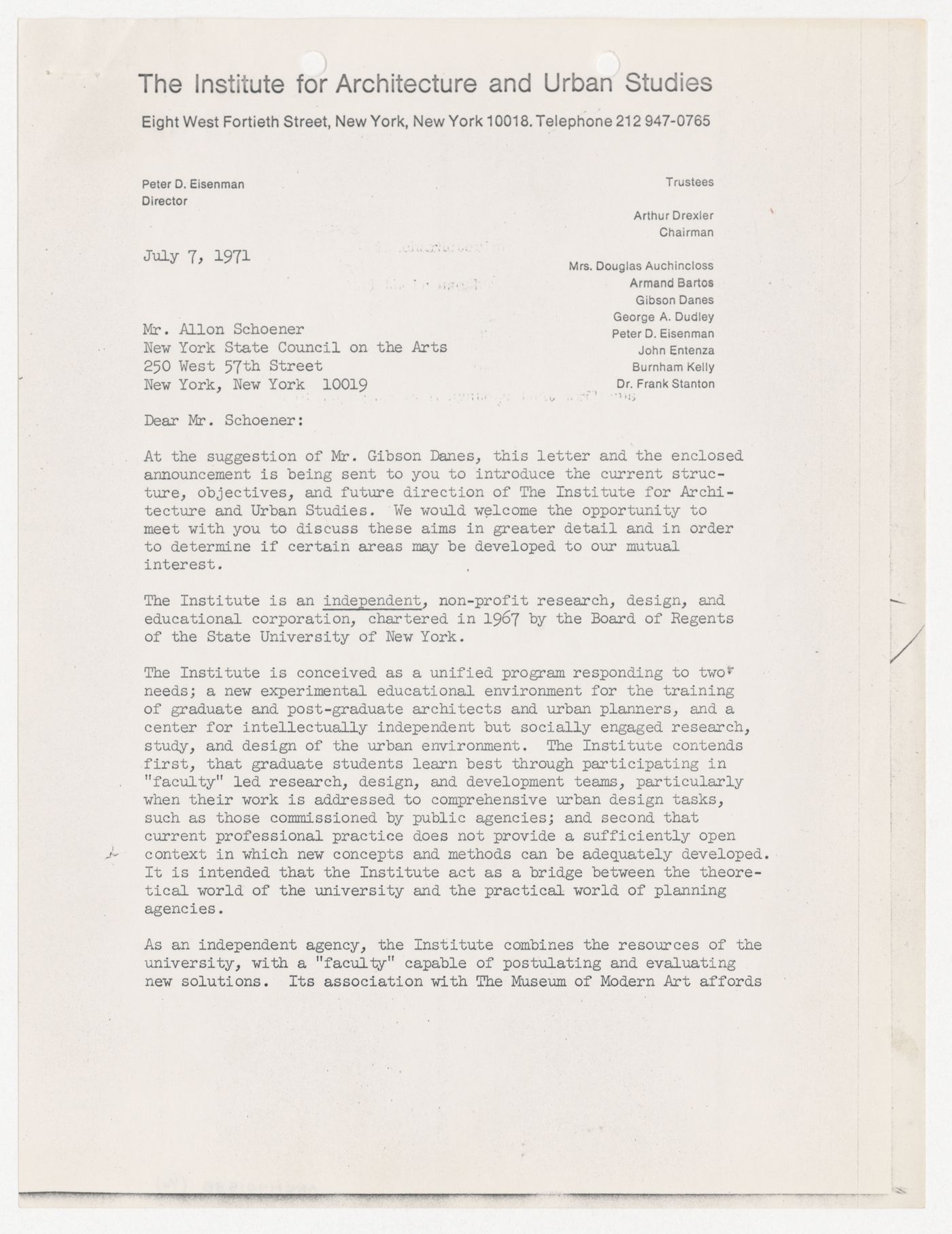 Letter from Peter D. Eisenman to Allon Schoener about support from the New York State Council on the Arts (NYSCA)