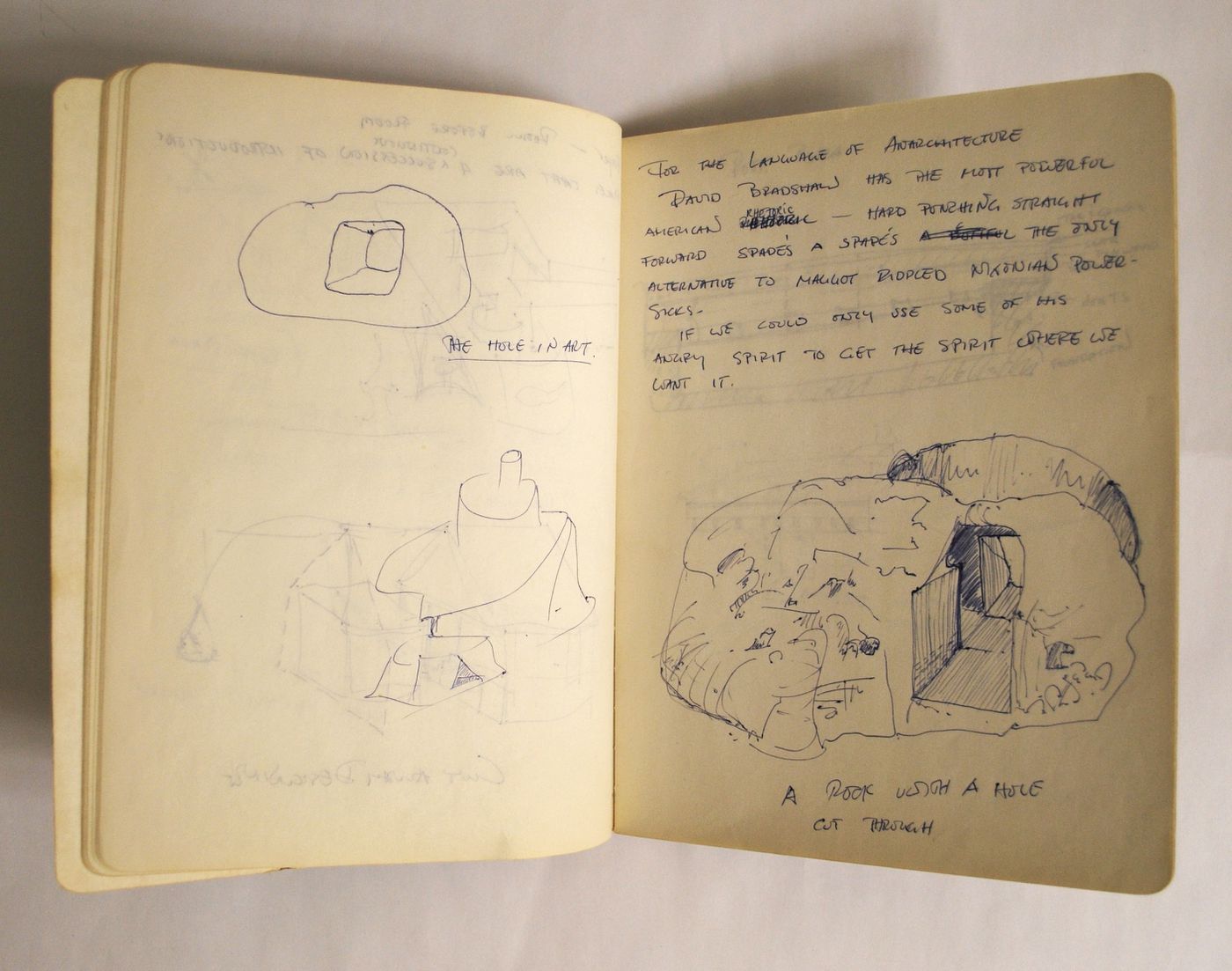 Composition notebook of sketches and notes for Automation House, Tree Dance, and A W-Hole House, and Anarchitecture
