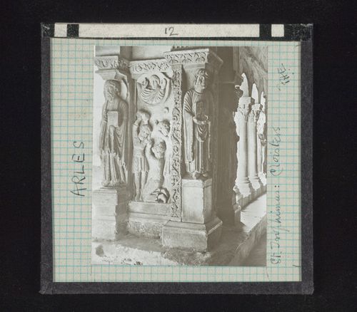 View of high relief sculptures in cloister of Saint-Trophime, Arles, France