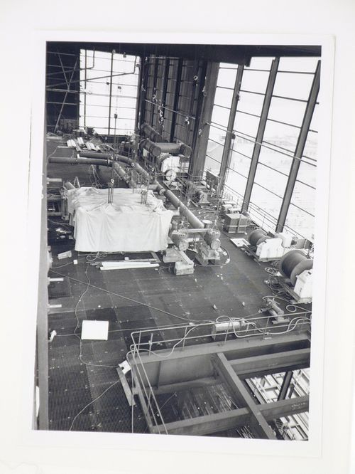 View of construction of steel structure for power station, from interior, United Kingdom