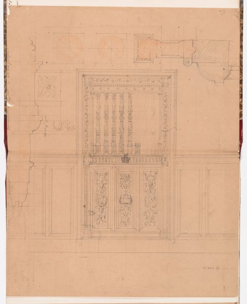 Elevation, joinery details and details for the ornamentation for a wooden screen for the "cabinet de travail" or the "cabinet sur la cour" on the second floor, Hôtel Soltykoff