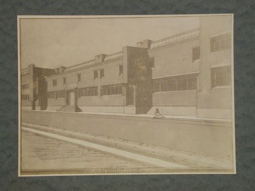 Photograph of a rendering for the river side façade of the Gemeente Museum [Public Museum] showing the river [?], Stadhouderslaan 41, The Hague, Netherlands