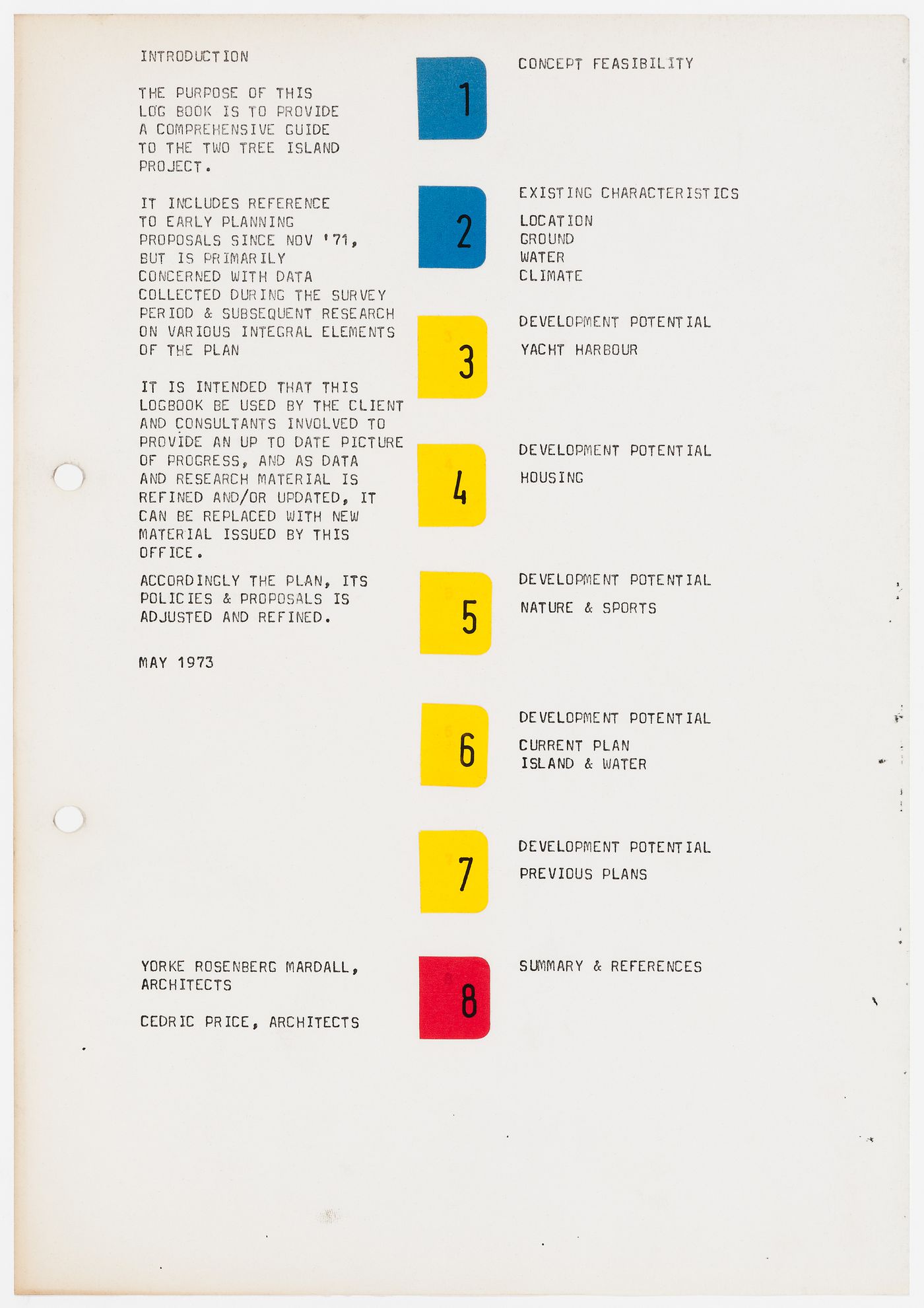 Two Tree Island Project: table of contents of the log book for the project