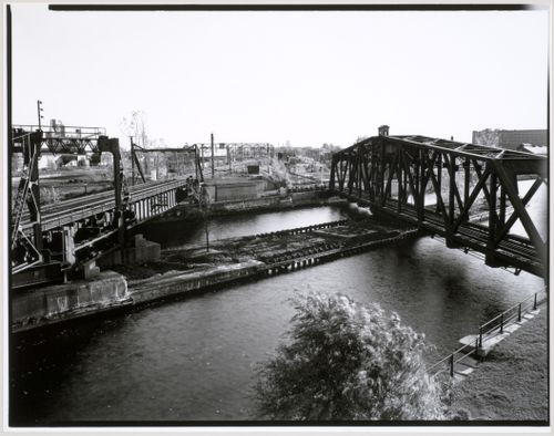 View of the Canadian National Port Bridge and Canadian National Wellington Bridge looking south from the control tower, Montréal, Québec
