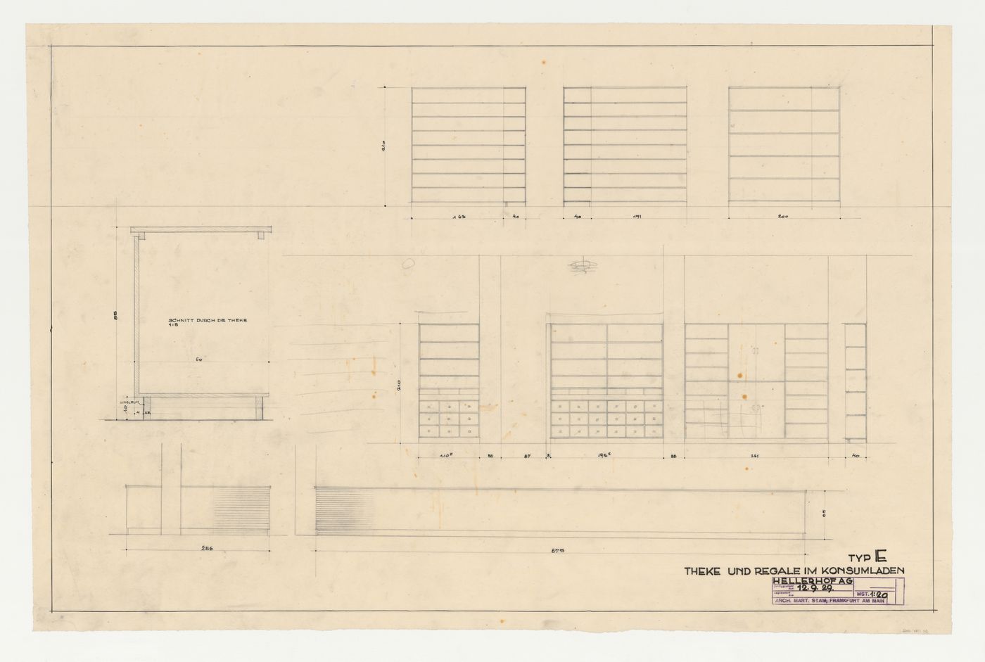 Elevations for a counter and shelves and section for a counter for a type E co-op store, Hellerhof Housing Estate, Frankfurt am Main, Germany