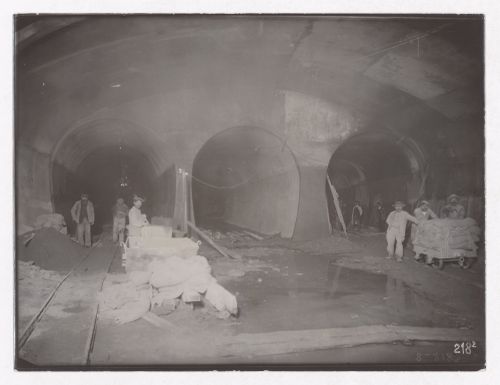 Construction of the Paris Metro, interior view of tunnels with workers, Paris, France