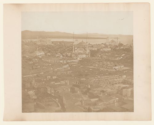Partial view of Constantinople (now Istanbul) showing the Kapaliçarsi (also known as the Grand Bazaar), the Mahmut Pasa Camii, the Nuruosmaniye Camii, Hagia Sophia (also now known as the Ayasofya Müzesi), a university, the Sultanahmet Camii (also known as