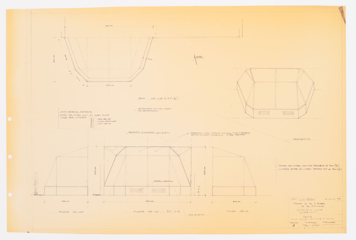 Climatisation solaire "système passif" : serre : plan, façade, perspective et détails, Maison du docteur Simon Richer, Nominingue, Québec, Canada