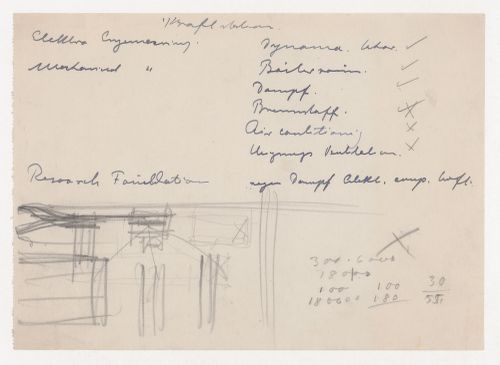Notes for various campus facilities with calculations and an unidentified sketch for Illinois Institute of Technology