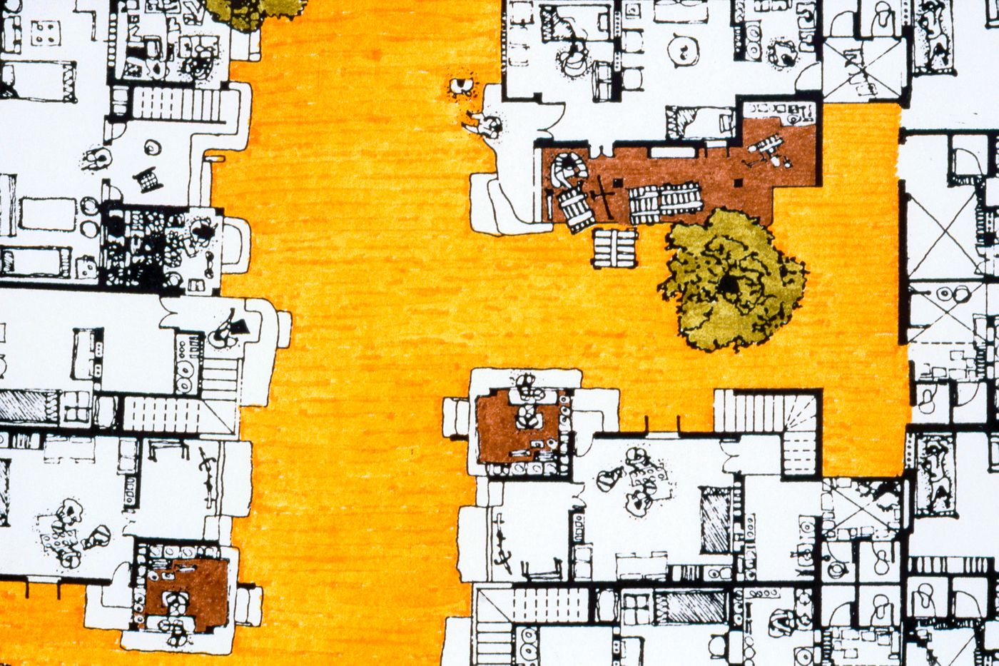 Plan showing shared spaces for Aranya township in Indore, India, used for the Human Settlement Training Package "Package 2: Affordable Urban Design"