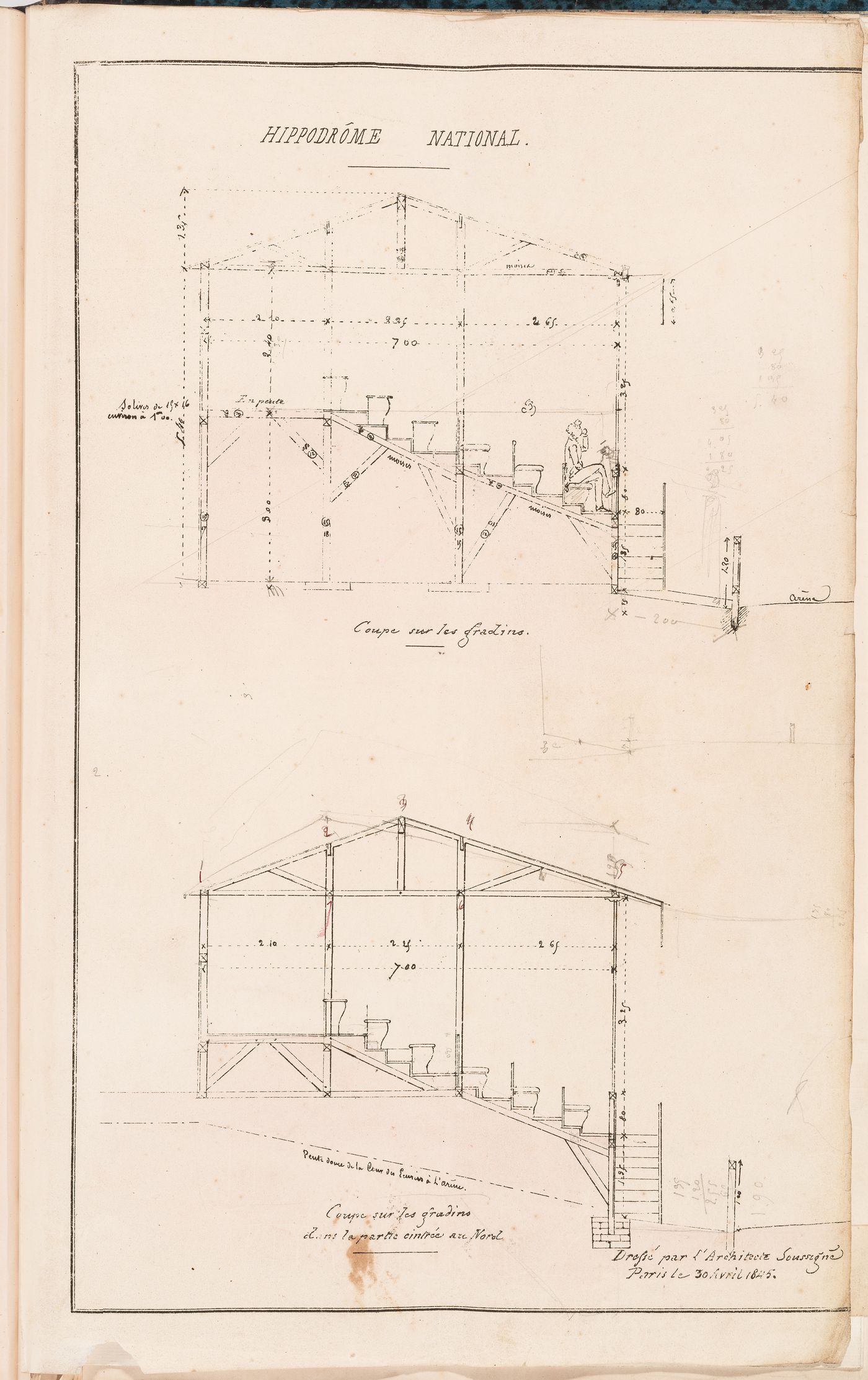 Hippodrome national, Paris: Sections through the grandstand