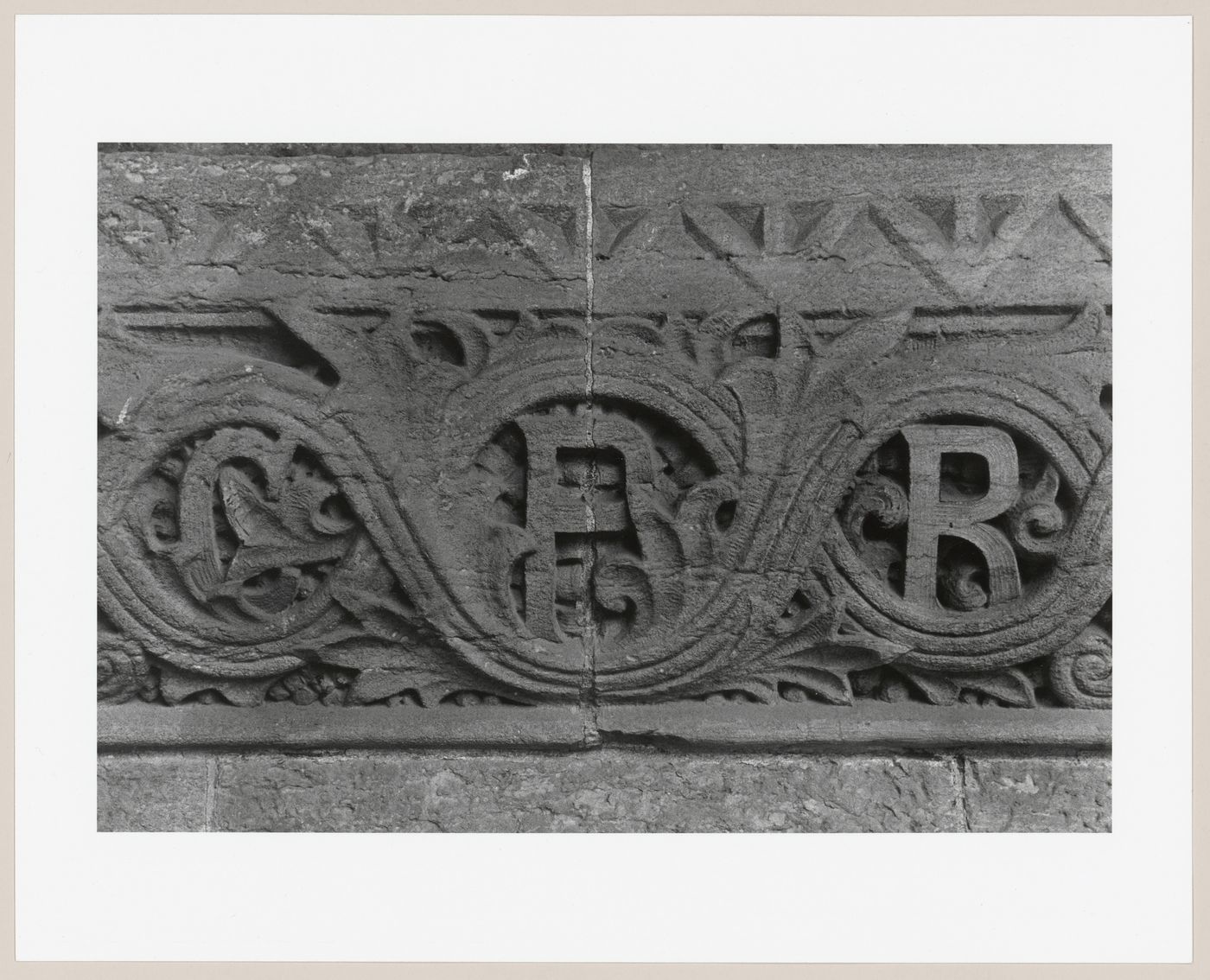 Close-up view of the Canadian Pacific Railway monogram carved in stone at the main entrance of Windsor Station, 1100 rue de la Gauchetière, Montréal, Québec