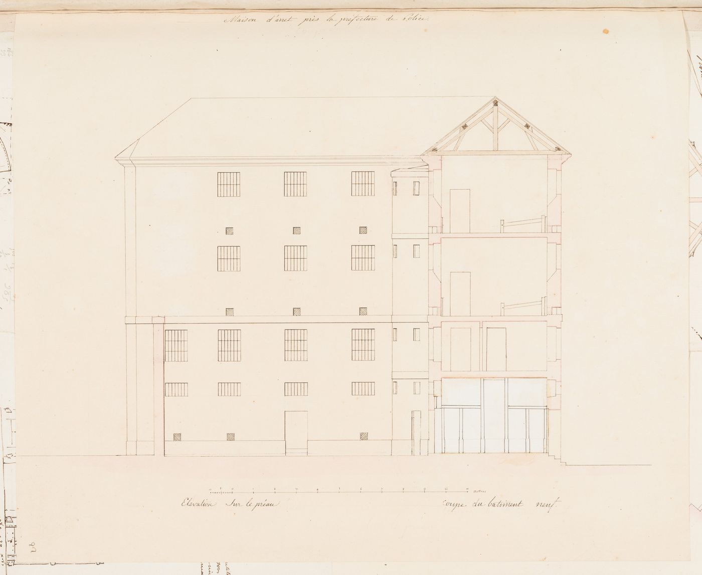 Project for the enlargement of the prison near the Préfecture de police, rue de Jérusalem, Paris: Sectional elevation for the façade facing the exercise yard