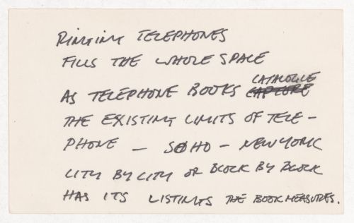 Ringing telephones fills the whole space as telephone books catalogue the existing limits of telephone - Soho - New York city by city or block by block has its listings the bokk measures