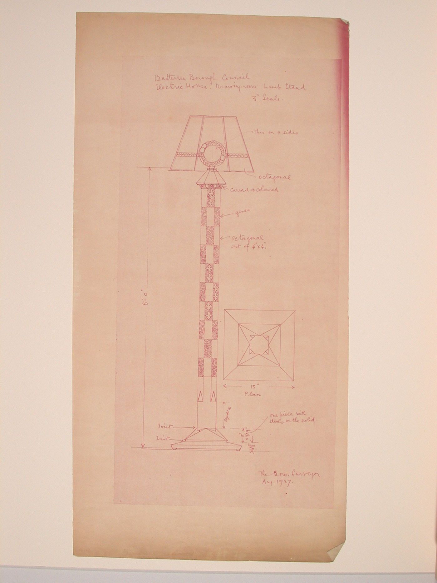 Elevation and plan for a lamp stand for the model drawing room, Electric House, Battersea Borough