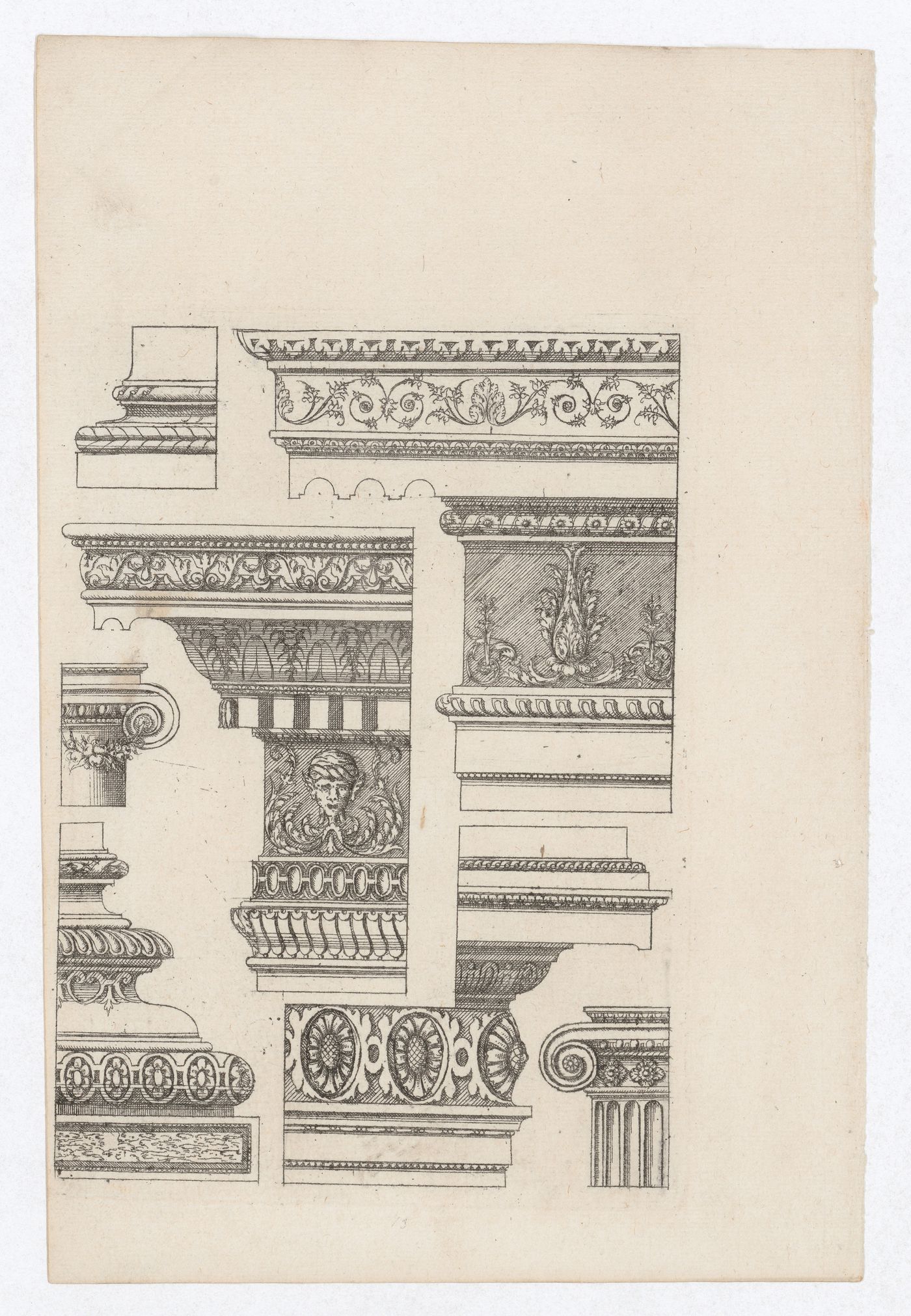 Designs for column bases, ionic capitals, and entablatures