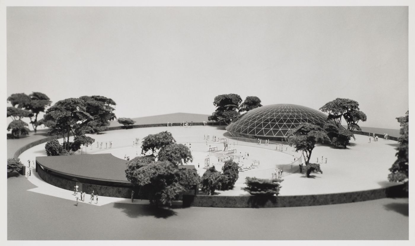 Photograph of a model for the Indoor-Outdoor Swimming Pool in the summer, Chicago