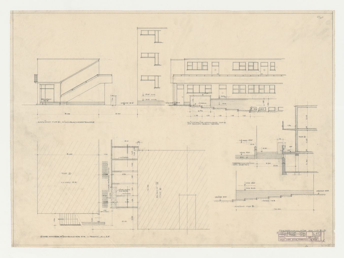 Plan, elevation and sections for housing units showing stairs connecting type B and type D housing units, Hellerhof Housing Estate, Frankfurt am Main, Germany