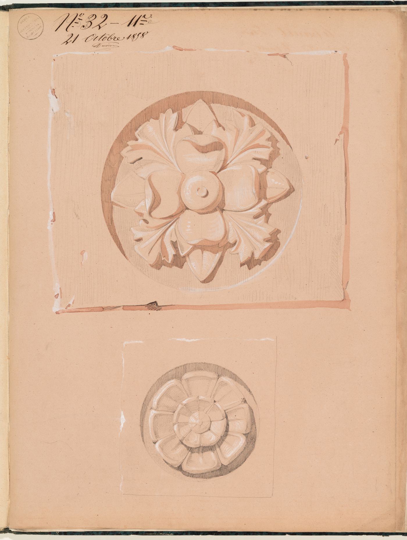 Concours d'émulation entry, 21 October 1858: Studies of a rosette and a patera